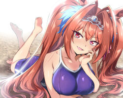 Rule 34 | 1girl, :d, animal ears, antenna hair, arm under breasts, backlighting, barefoot, beach, blue gemstone, blue one-piece swimsuit, bow, breast hold, breasts, brown hair, clothing cutout, collarbone, commentary, competition school swimsuit, daiwa scarlet (umamusume), day, fang, feet, foreshortening, full body, fur trim, gem, hair between eyes, hair bow, hair intakes, hand on own cheek, hand on own face, head rest, head tilt, horse ears, horse girl, horse tail, large breasts, legs up, light blush, light particles, long hair, looking at viewer, lying, nakahira guy, on ground, on stomach, one-piece swimsuit, open mouth, outdoors, red bow, red eyes, school swimsuit, sidelocks, single vertical stripe, slit pupils, smile, soles, solo, sunlight, swimsuit, tail, tail through clothes, the pose, tiara, toes, tracen swimsuit, twintails, umamusume, v-shaped eyebrows, very long hair
