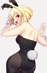 Rule 34 | 1girl, alternate costume, animal ears, antenna hair, arcueid brunestud, ass, back, benbe, black leotard, black pantyhose, blonde hair, blush, fake animal ears, fake tail, from behind, grey background, highres, leotard, looking at viewer, open mouth, pantyhose, playboy bunny, rabbit ears, rabbit tail, red eyes, short hair, simple background, smile, solo, strapless, strapless leotard, tail, teeth, tsukihime, tsukihime (remake), upper teeth only, wrist cuffs