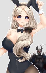 Rule 34 | 1boy, 1girl, alternate costume, animal ears, blonde hair, breasts, cleavage, death knight (fire emblem), edamameoka, fake animal ears, fire emblem, fire emblem: three houses, highres, large breasts, low ponytail, mercedes von martritz, nintendo, rabbit ears, rabbit girl, side ponytail, solo focus, wrist cuffs