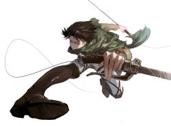 Rule 34 | 1boy, angry, boots, brown eyes, brown footwear, brown hair, character request, dino (dinoartforame), dual wielding, foreshortening, green scarf, highres, holding, holding sword, holding weapon, looking at viewer, paradis military uniform, scarf, shingeki no kyojin, simple background, solo, sword, three-dimensional maneuver gear, weapon, white background