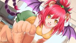 Rule 34 | 1girl, animal ear fluff, animal ears, animal feet, animal hands, artist request, bare shoulders, breasts, claws, cleavage, fang, green shorts, hair between eyes, indoors, medium breasts, medium hair, memeko (monster musume), monster musume no iru nichijou, monster musume no iru nichijou online, official art, open mouth, red hair, scorpion tail, shorts, slit pupils, solo, tail, tank top, yellow eyes, yellow tank top