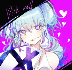 Rule 34 | 1girl, blue hair, blush, commentary, english commentary, english text, eyebrows hidden by hair, head tilt, heart, highres, kinokohime, long hair, looking at viewer, multicolored hair, parted lips, purple background, purple eyes, purple hair, smile, solo, streaked hair, tsunderia, two side up, umiushi urara, virtual youtuber