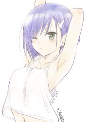 Rule 34 | 1girl, 2022, armpits, arms up, artist name, blue hair, blush, closed mouth, commentary request, darling in the franxx, dated, green eyes, hair ornament, hairclip, ichigo (darling in the franxx), looking at viewer, official art, one eye closed, shirt, short hair, signature, simple background, sketch, solo, stretching, tank top, white background, white shirt, white tank top, yabuki kentarou