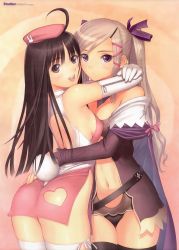 Rule 34 | 2girls, absurdres, ahoge, ass, back, bare shoulders, belt, beret, black hair, black thighhighs, blush, breast press, breasts, bridal gauntlets, brown eyes, brown hair, cape, center opening, cleavage, dress, elbow gloves, fantasy, gloves, hair ornament, hair ribbon, hairclip, hat, heart, highres, hug, long hair, looking back, multiple girls, navel, no panties, non-web source, off shoulder, open mouth, original, pink eyes, ponytail, purple eyes, rabbit tail, ribbon, short dress, sideboob, silver hair, smile, symmetrical docking, tail, thighhighs, tony taka, twintails, white thighhighs, yuri, zettai ryouiki, zipper