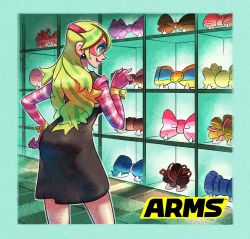 Rule 34 | 1girl, arms (game), black dress, blonde hair, blue eyes, bow, dress, from behind, green hair, hair bow, hair down, hand on own hip, highres, multicolored hair, nintendo, official art, pointing, ribbon girl (arms), smile, solo, two-tone hair, yamamoto yuu