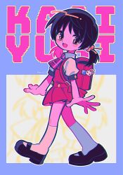 Rule 34 | 1girl, backpack, bag, black footwear, black hair, blush stickers, brown eyes, character name, collared shirt, dress, hair bobbles, hair ornament, halftone, halftone background, highres, kaai yuki, looking at viewer, low twintails, mary janes, menma (enaic31), neckerchief, neon palette, pinafore dress, plaid neckerchief, pleated skirt, randoseru, red bag, red dress, shirt, shoes, short hair, short sleeves, short twintails, skirt, sleeveless, sleeveless dress, smile, socks, solo, twintails, vocaloid, walking, white shirt, white socks