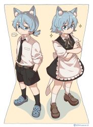 Rule 34 | ..., 1boy, animal ear fluff, animal ears, aoi kujira, apron, belt, black bow, black bowtie, black dress, black shorts, blue eyes, blue footwear, blue hair, bow, bowtie, cat ears, collared shirt, crocs, crossdressing, dress, dual persona, expressionless, full body, hair between eyes, hands in pockets, highres, loafers, low ponytail, maid, maid apron, male focus, md5 mismatch, misskey.io, murakami-san (misskey.io), shirt, shoes, short ponytail, short sleeves, shorts, sleeves rolled up, smile, socks, solo, sparkle, spoken ellipsis, standing, trap, twitter username, webp-to-png conversion, white shirt