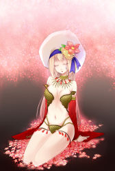 Rule 34 | 1girl, ayasa, bikini, breasts, closed eyes, commentary request, detached sleeves, flower, flower bed, full body, gem, gypsy (ragnarok online), hat, hat flower, highres, jewelry, long hair, medium breasts, navel, necklace, open mouth, pink flower, ragnarok online, red gemstone, red sleeves, see-through, seiza, sequins, sitting, solo, strapless, strapless bikini, swimsuit, teardrop facial mark, white hat, yellow bikini, yellow flower