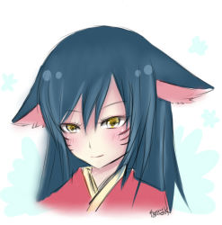 Rule 34 | 1girl, ahri (league of legends), animal ears, artist name, black hair, blush, closed mouth, ears down, facial mark, fox ears, hair between eyes, japanese clothes, kimono, league of legends, long hair, looking at viewer, neko baby, smile, solo, upper body, whisker markings, yellow eyes