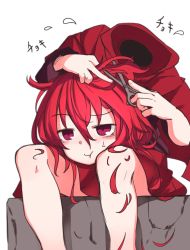 Rule 34 | 1girl, bare legs, blush, closed mouth, cutting hair, dress, flying sweatdrops, furorina, hair between eyes, holding, jitome, long sleeves, mundane utility, on lap, pout, red dress, red eyes, red hair, scissors, sekibanki, short hair, simple background, sitting, solo, touhou, white background