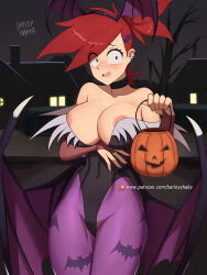 Rule 34 | 1girl, animal print, areola slip, barleyshake, bat print, black eyes, black leotard, blush, breasts, bridal gauntlets, bucket, capcom, cartoon network, choker, cleavage, collarbone, cosplay, crossover, demon girl, demon wings, earrings, fake head wings, fang, foster&#039;s home for imaginary friends, frankie foster, gloves, grate, hair ornament, hairclip, halloween, halloween bucket, halloween costume, head wings, highres, holding, house, jack-o&#039;-lantern, jewelry, large areolae, large breasts, leotard, looking at viewer, morrigan aensland, morrigan aensland (cosplay), night, open mouth, pantyhose, ponytail, print pantyhose, pumpkin, purple pantyhose, red hair, sewer grate, short hair, sidewalk, sky, smile, tree, vampire (game), wings