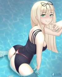 Rule 34 | 1girl, artist name, ass, blonde hair, breasts, green eyes, jay156, kantai collection, long hair, looking at viewer, solo, swimsuit, thighs, water, yuudachi (kancolle)