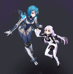 Rule 34 | 2girls, absurdres, alpha (acerailgun), android, armor, bad id, bad pixiv id, blue hair, bodysuit, borrowed character, breasts, cecilia (acerailgun), clothes writing, floating, floating object, gloves, grey background, highres, holding hands, hologram, horns, hoshi usagi, large breasts, light particles, light purple hair, long hair, looking at viewer, looking up, mecha musume, multiple girls, original, purple eyes, red eyes, shiny clothes, short hair, simple background, small breasts, smile, space, spacesuit, thrusters, twintails, zero gravity