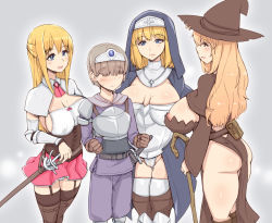 Rule 34 | 1boy, 3girls, :d, abubu, areola slip, armor, ass, blonde hair, blue eyes, blush, bracer, breasts, breasts apart, brother and sister, brown hair, cane, capelet, circlet, cleavage, cleft of venus, clenched hands, clothes lift, corset, cross, cross necklace, habit, hair over eyes, hand on hilt, hat, jewelry, large breasts, long hair, mother and son, multiple girls, necklace, nun, open mouth, original, panties, rapier, sheath, sheathed, short hair, siblings, sideboob, skirt, skirt lift, smile, staff, standing, sweatdrop, sword, underwear, weapon, witch hat, yellow eyes