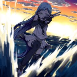 Rule 34 | 10s, 1girl, aiming, aiming at viewer, backlighting, bad id, bad pixiv id, blue eyes, blue hair, cannon, cloud, dutch angle, highres, holding, holding weapon, horizon, kantai collection, long hair, looking at viewer, machinery, matching hair/eyes, ocean, outdoors, outstretched arm, samidare (kancolle), serious, solo, straight hair, suusuke, turret, twilight, very long hair, water, water drop, weapon