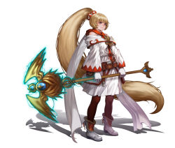 Rule 34 | 1girl, absurdly long hair, ayaka (final fantasy), bad id, bad pixiv id, bare shoulders, belt, black pantyhose, blonde hair, boots, brown belt, closed mouth, dress, eyebrows, facing away, final fantasy, final fantasy brave exvius, full body, gem, gloves, high ponytail, holding, holding staff, lapucelle (arasoo1210), legs apart, long hair, long sleeves, looking away, off-shoulder dress, off shoulder, pantyhose, pink eyes, platform boots, platform footwear, pouch, shadow, simple background, smile, solo, staff, standing, very long hair, white background, white dress, white footwear, white gloves, white mage (final fantasy), wide sleeves