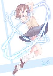Rule 34 | 1girl, absurdres, arm behind head, arm up, blush, brown eyes, brown hair, coin, commentary request, electricity, full body, highres, holding, holding coin, long hair, looking at viewer, loose socks, misaka mikoto, one eye closed, pleated skirt, school uniform, short sleeves, shorts, shorts under skirt, skirt, smile, socks, solo, sweater vest, toaru kagaku no railgun, toaru majutsu no index, torachiyo nagao