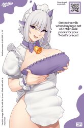 Rule 34 | 1girl, apron, bell, breast lift, breasts, english text, girls&#039; frontline, grabbing own breast, grey hair, huge breasts, j adsen, jingle bell, looking at viewer, maid headdress, neck bell, open mouth, puffy short sleeves, puffy sleeves, purple eyes, qr code, round teeth, rpk-16 (girls&#039; frontline), short hair, short sleeves, shrug (clothing), solo, teeth, upper teeth only, white apron, wrist cuffs