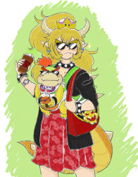 Rule 34 | 1boy, 1girl, absurdres, alternate costume, bag, bib, black jacket, blonde hair, bowser jr., bowser logo, bowsette, bracelet, coffee, coffee cup, collar, commentary, cowboy shot, cup, disposable cup, drinking straw, earrings, english commentary, fang, fang out, fangs, fangs out, green background, hair tie, handbag, highres, holding, holding cup, horns, jacket, jewelry, juice, koopa clown car, long hair, looking at viewer, mario (series), mother and son, new super mario bros. u deluxe, nintendo, orange juice, outline, patterned clothing, ponytail, print bag, red hair, red skirt, scowl, short hair, sidelocks, skirt, smile, sparkle, spiked bracelet, spiked collar, spiked shell, spiked tail, spikes, standing, sunglasses, super crown, t1g, tail, two-tone background, watch, whipped cream, white background, wide ponytail, wristband, wristwatch