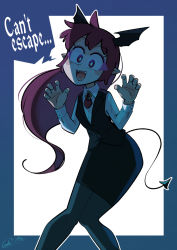Rule 34 | 1girl, :d, ahoge, bat wings, black legwear, black skirt, black vest, blue border, border, bright pupils, brooch, carte, commentary request, demon tail, dress shirt, english text, eyeshadow, fangs, head wings, highres, jewelry, knees together feet apart, koakuma, long hair, long sleeves, makeup, necktie, open mouth, panties, pencil skirt, pointy ears, red eyes, red hair, red necktie, shirt, sidelocks, simple background, skirt, skirt set, smile, solo, speech bubble, standing, tail, touhou, underwear, very long hair, vest, white background, white pupils, white shirt, wings