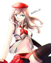Rule 34 | 10s, 1girl, alisa ilinichina amiella, black footwear, black gloves, black thighhighs, blue eyes, boots, breasts, cabbie hat, chemi (choifun), elbow gloves, fingerless gloves, gloves, god eater, god eater 2: rage burst, hat, large breasts, long hair, looking at viewer, plaid, silver hair, simple background, skirt, solo, suspender skirt, suspenders, thigh boots, thighhighs, underboob, white background