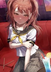 Rule 34 | 1girl, blush, brown hair, closed mouth, couch, cup, drink, earrings, fagi (kakikaki), indoors, jewelry, kujikawa rise, long hair, pearl earrings, persona, persona 4, sailor collar, shirt, short sleeves, sitting, skirt, smile, solo, table, white shirt