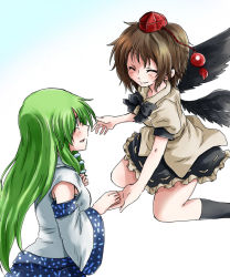 Rule 34 | 2girls, ^ ^, bow, brown hair, detached sleeves, closed eyes, green eyes, green hair, hair ornament, hat, kochiya sanae, multiple girls, open mouth, sarashi, shameimaru aya, short hair, skirt, smile, snake hair ornament, tokin hat, touhou, unya, wings