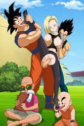 Rule 34 | 1girl, 4boys, absurdres, android 18, bald, beard, blonde hair, blood, blue eyes, blush, bob cut, boots, breasts, breasts out, bulge, censored, cheating (relationship), clothed sex, day, dragon ball, dragonball z, earrings, erection, erection under clothes, facial hair, gang rape, grabbing, grabbing another&#039;s breast, grass, groin, group sex, highres, jewelry, jfbz, kuririn, large breasts, legs, licking, licking foot, medium hair, mosaic censoring, multiple boys, muscular, muscular male, muten roushi, netorare, nipples, no panties, nosebleed, old, old man, outdoors, pantyhose, penis, pussy, rape, sex, sitting, sky, son goku, standing, sunglasses, tank top, thighs, torn clothes, torn pantyhose, unworn boots, vaginal, vegeta