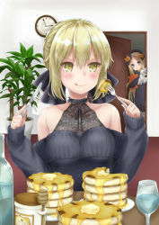 Rule 34 | 2girls, abigail williams (fate), absurdres, artoria pendragon (all), artoria pendragon (fate), bare shoulders, black bow, black dress, black headwear, black sweater, blonde hair, blue eyes, bow, breasts, butter, clock, collarbone, commentary request, dress, eating, fate/grand order, fate (series), food, fork, glass, hair between eyes, hair bow, hat, highres, honey, indoors, knife, large breasts, long hair, long sleeves, looking at viewer, mikujin (mikuzin24), multiple girls, multiple hair bows, orange bow, pancake, parted bangs, pixiv fate/grand order contest 1, plant, saber alter, smile, stuffed animal, stuffed toy, sweater, teddy bear, tongue, tongue out, water, yellow eyes