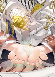 Rule 34 | 1girl, arknights, barefoot, bracelet, cameltoe, chinese commentary, dragon girl, dropping, farming, feet, food on body, food on foot, foot focus, gold, head out of frame, highres, holding, jewelry, magic, nail polish, paint on fingers, patterned clothing, pearl bracelet, rice, seed, shu (arknights), soles, solo, toe scrunch, toenail polish, toenails, toes, translation request, xo (xo17800108), yellow nails, yellow rope