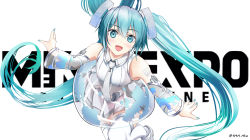 Rule 34 | 1girl, absurdly long hair, aqua eyes, aqua hair, bare shoulders, bent over, commentary, copyright name, detached sleeves, dress, floating hair, hair ornament, hatsune miku, hatsune miku expo, highres, leg up, long hair, looking at viewer, map print, open mouth, see-through, see-through dress, see-through sleeves, shoulder tattoo, silver dress, silver legwear, silver sleeves, smile, solo, tattoo, thighhighs, twintails, twitter username, very long hair, vocaloid, white background, yokaze (yokajie)
