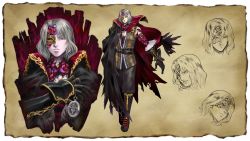 Rule 34 | 1boy, bloodstained: ritual of the night, boots, cape, concept art, gebel (bloodstained), highres, mask, multiple views, natsume yuji, official art, red eyes, short hair, silver hair, stained glass