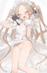 Rule 34 | 1girl, abigail williams (fate), absurdres, alternate costume, arm up, ass, black cat, blonde hair, blush, bow, cat, closed eyes, cowboy shot, double bun, dress, eyebrows hidden by hair, fate/grand order, fate (series), flat chest, forehead, frilled hairband, frilled shirt collar, frills, grey cat, hair bun, hairband, hand on own face, happy, highres, long hair, multiple cats, nemo (leafnight), no panties, on shoulder, open mouth, see-through, see-through dress, see-through legwear, simple background, sleeves past wrists, smile, solo, thighs, twintails, very long hair, white background, white bow, white dress