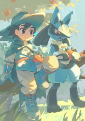 Rule 34 | 1boy, :t, ash ketchum, black hair, blue footwear, blue gloves, blue tunic, boots, branch, closed mouth, commentary request, copyright name, creatures (company), day, eating, food, fruit, game freak, gen 4 pokemon, gloves, grey eyes, hat, highres, holding, holding food, holding fruit, koken j, leg up, lucario, male focus, nintendo, outdoors, pants, pokemon, pokemon: lucario and the mystery of mew, pokemon (anime), pokemon rse (anime), short hair, smile, tunic