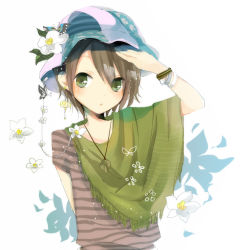 Rule 34 | 1boy, bad id, bad pixiv id, brown hair, flower, flower on head, green eyes, hat, jewelry, male focus, necklace, original, poncho, rano8, short hair, simple background, sketch, solo