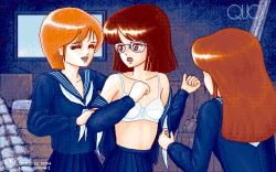Rule 34 | 1990s (style), 1994, 3girls, 4bpp, bra, glasses, gym storeroom, hiro sasaki, lingerie, multiple girls, school uniform, topless, underwear, undressing, you gonna get raped, yuri