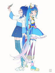 Rule 34 | 2girls, ahoge, aoi tete, artist name, back-to-back, bare shoulders, blue cape, blue eyes, blue hair, blue skirt, blue thighhighs, cape, cure sky, detached sleeves, earrings, fingerless gloves, full body, gloves, gradient hair, head wings, highres, hirogaru sky! precure, holding, holding hands, jewelry, long hair, long sleeves, magical girl, miniskirt, multicolored hair, multiple girls, precure, puffy long sleeves, puffy sleeves, signature, simple background, skirt, smile, sora harewataru, thighhighs, twintails, two-tone hair, very long hair, white background, white thighhighs, wings