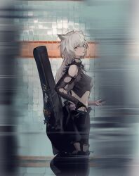 Rule 34 | 1girl, absurdres, animal ears, arknights, black jacket, black pants, black shirt, grey eyes, grey hair, guitar case, highres, holding, holding phone, instrument case, jacket, koio, lappland (arknights), looking at viewer, looking to the side, midriff, pants, parted lips, phone, reflection, shirt, solo, torn clothes, torn sleeves, wolf ears, wolf girl