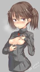 Rule 34 | 10s, 1girl, alternate costume, blush, breasts, breasts out, brown eyes, brown hair, cleavage cutout, clothing cutout, full-face blush, kantai collection, meme attire, nipples, open-chest sweater, ribbed sweater, ryuujou (kancolle), short hair, sketch, small breasts, solo, spirytus tarou, sweat, sweater, turtleneck, twintails, twitter username, upper body