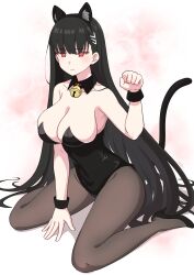 Rule 34 | 1girl, absurdres, alternate costume, animal ears, arm support, armpits, bare shoulders, bell, black footwear, black hair, black leotard, black pantyhose, blue archive, blunt bangs, breasts, cat ears, cat tail, cleavage, collarbone, commentary request, detached collar, fake animal ears, fake tail, gradient background, hair ornament, hairclip, halo, high heels, highleg, highleg leotard, highres, jingle bell, large breasts, leotard, long hair, looking at viewer, majinmallow, neck bell, nontraditional playboy bunny, pantyhose, paw pose, pink background, red eyes, rio (blue archive), sidelocks, simple background, sitting, solo, strapless, strapless leotard, tail, wariza, wrist cuffs