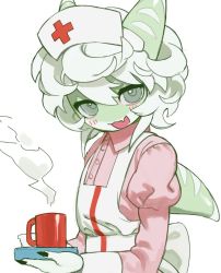 Rule 34 | 1girl, apron, bad id, bad twitter id, blush, claws, colored skin, cup, curly hair, fang, female focus, furry, furry female, green skin, grintasia, hat, holding, looking at viewer, medium hair, mug, nurse, nurse cap, open mouth, original, pink shirt, shark girl, shirt, simple background, solo, steam, white background, white hair