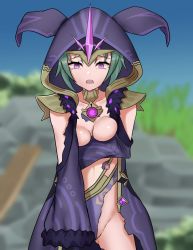 Rule 34 | 1girl, artist request, bare shoulders, breasts, cicin mage (genshin impact), cloak, covering privates, covering breasts, defeat, detached sleeves, electro cicin mage (genshin impact), genshin impact, green hair, highres, hood, leotard, looking at viewer, medium breasts, no bra, open mouth, purple eyes, shiny skin, short hair, solo, tears, torn clothes