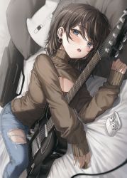 Rule 34 | 1girl, 2gong (9ujin ), bed sheet, blue eyes, blue pants, blush, breasts, brown hair, brown sweater, cable, cleavage, cleavage cutout, clothing cutout, denim, dutch angle, ear piercing, earbuds, earbuds charging case, earphones, earrings, electric guitar, feet out of frame, guitar, guitar case, highres, holding, holding plectrum, hoop earrings, instrument, instrument case, jeans, jewelry, large breasts, looking at viewer, lying, mole, mole under eye, multiple moles, multiple piercings, on bed, on side, open mouth, original, pants, piercing, pillow, plectrum, short hair, sidelocks, sleeves past wrists, solo, sweater, swept bangs, teeth, thighs, torn clothes, torn jeans, torn pants, turtleneck, turtleneck sweater, upper teeth only, wireless earphones