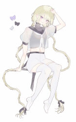 Rule 34 | 1girl, absurdly long hair, absurdres, arm up, black nails, black ribbon, blonde hair, blush, braid, full body, hair ribbon, highres, long hair, looking at viewer, msa (fary white), navel, original, parted lips, purple eyes, ribbon, see-through, see-through shirt, short sleeves, shorts, simple background, sitting, slit pupils, smile, solo, thighhighs, twin braids, undershirt, very long hair, white background, white footwear, white shorts, white thighhighs