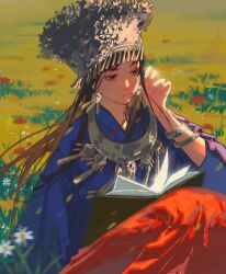 Rule 34 | 1girl, adjusting hair, blue eyes, blue shirt, book, bracelet, brown hair, chen duo, day, earrings, field, floating hair, flower, flower field, fuyougantang, glint, hand up, hat, highres, jewelry, long hair, long sleeves, looking ahead, miao clothes, miao hat, motion blur, nature, necklace, open book, outdoors, procreate (medium), red skirt, shirt, sitting, skirt, solo, white flower, wind, yiren zhixia