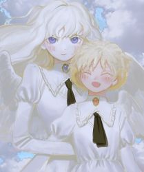 Rule 34 | 2girls, albino, angel, angel wings, blonde hair, blue eyes, blue sky, cloud, cloudy sky, collared dress, colored eyelashes, dress, grintasia, jewelry, lace trim, multiple girls, neck ribbon, non-web source, original, pendant, puffy sleeves, ribbon, sky, white dress, wings