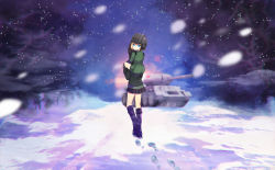 Rule 34 | 10s, 2girls, bare tree, blonde hair, blue eyes, boots, carrying, forest, girls und panzer, hairband, highres, katyusha (girls und panzer), knee boots, looking at viewer, looking back, military, military vehicle, motor vehicle, multiple girls, nature, nonna (girls und panzer), outdoors, piggyback, plant, road, rock, short jumpsuit, skirt, snow, standing, street, t-34, tank, tetsubuta, thighs, tree, turret, uniform, vehicle, winter