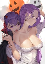 Rule 34 | 2girls, alternate costume, arm up, balloon, bare shoulders, bat earrings, bb (fate), bb (fate) (all), bb (swimsuit mooncancer) (fate), bite mark, black cape, black nails, blood, breasts, cape, cleavage, collarbone, commentary, dress, earrings, fangs, fate/grand order, fate (series), female focus, glasses, hair between eyes, hair ribbon, halloween, hand up, holding another&#039;s wrist, horns, jack-o&#039;-lantern, jack-o&#039;-lantern earrings, jewelry, large breasts, light purple hair, long hair, looking at viewer, matching hair/eyes, medusa (fate), medusa (rider) (fate), multicolored nails, multiple girls, nail polish, neck, off-shoulder dress, off shoulder, open mouth, orange nails, purple eyes, purple hair, ribbon, shade, symbol-only commentary, type-moon, vampire, vampire costume, white dress, whoisshe, yuri