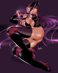 Rule 34 | 1girl, abs, armpits, ass, blindfold, boots, bowalia, breasts, cleavage cutout, clothing cutout, collar, collarbone, detached sleeves, facial mark, facing viewer, fate/grand order, fate/stay night, fate (series), forehead mark, gloves, arms up, high heels, knee pads, leotard, long hair, lying, medium breasts, medusa (fate), medusa (rider) (fate), on side, parted lips, purple hair, signature, solo, strapless, thigh boots, thighhighs, very long hair