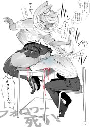 Rule 34 | 1boy, 1girl, :d, absurdres, ass, blood, blush, breasts, chair, commentary request, desk, greyscale, gyaru, high heels, highres, long hair, monochrome, open mouth, original, panties, pleated skirt, ponytail, sashizume soutarou, school chair, school desk, sitting, skirt, smile, thighhighs, translation request, underwear
